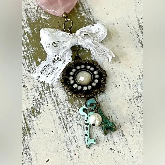 NEW!! Heart Pink Stone Necklace Peacock Earrings Set Handmade Design - Picture 6 of 15